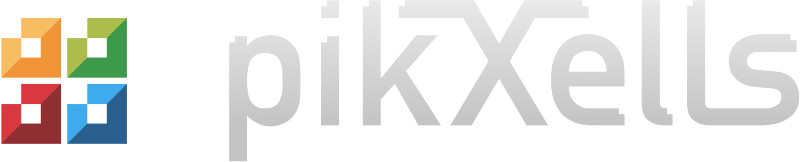 White pikXells logo with blocks to the left